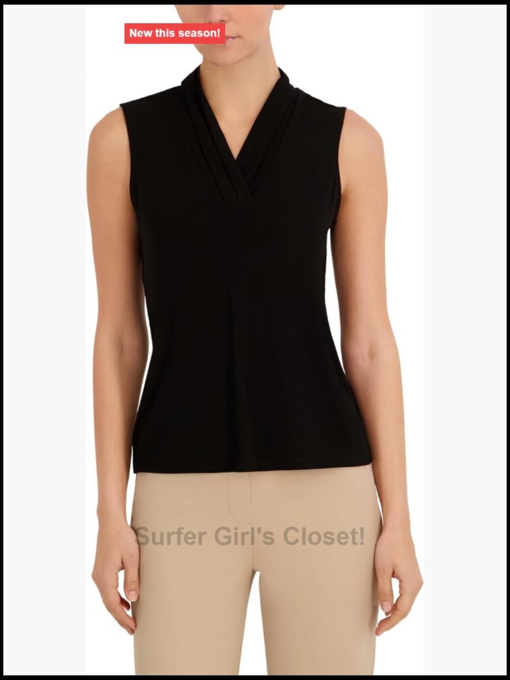 Sleeveless Pleat-Neck Jersey Top with V-Neckline Stretch Knit